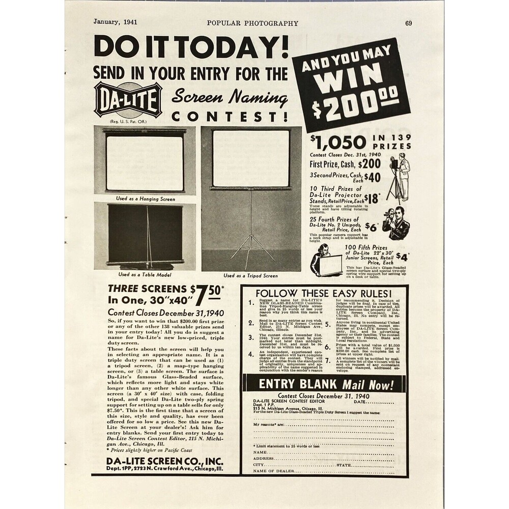 DA-LITE Screen Co. "New Movie Screen Naming Contest!"  Vintage Print Ad 1941